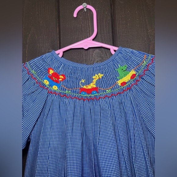 Anavini Hand Smocked Blue Checkered  Dress Long Girls Sz 5 Zoo Animals EUC. - Picture 4 of 9